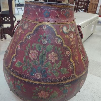 Vintage Hand Painted Large Metal Tall Floor Planter