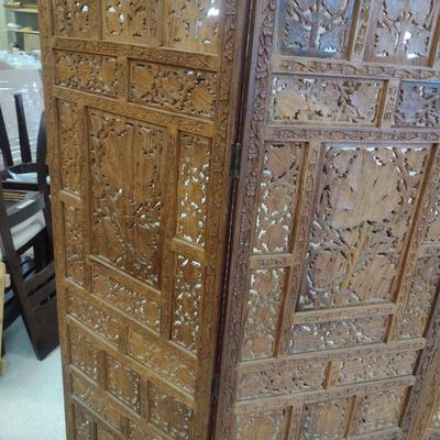 Wood Carved Four Panel Room Screen