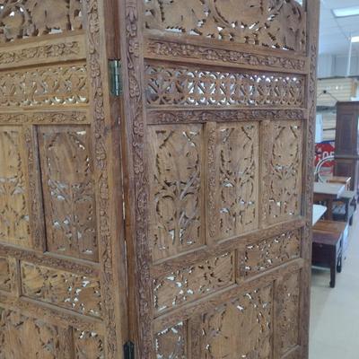 Wood Carved Four Panel Room Screen