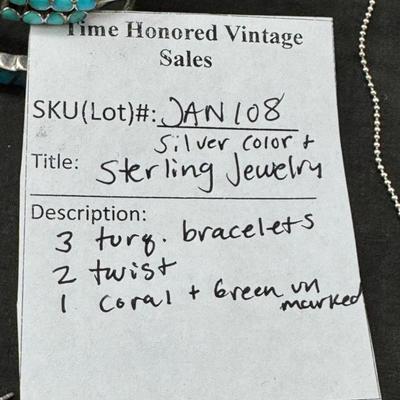 Sale Photo Thumbnail #170: Real stone cuff bracelets are not marked and do not test as Sterling. Pierced earrings many with latch back. Many marked 925 Silver. I have tried to show all markings.