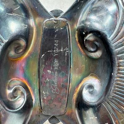 Sale Photo Thumbnail #173: 4 heavy candle sticks ( no markings) Gorham clam shell, Ice bucket, Shelffield England Pitcher and aluminim hammered plate Japan.