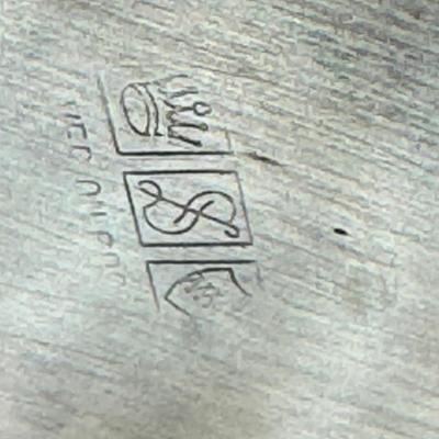 Sale Photo Thumbnail #177: 4 heavy candle sticks ( no markings) Gorham clam shell, Ice bucket, Shelffield England Pitcher and aluminim hammered plate Japan.