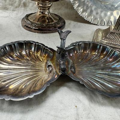 Sale Photo Thumbnail #172: 4 heavy candle sticks ( no markings) Gorham clam shell, Ice bucket, Shelffield England Pitcher and aluminim hammered plate Japan.