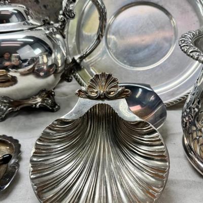 Sale Photo Thumbnail #188: Sheffield England knives, Tea pot, Canister, Wine bucket, Trays