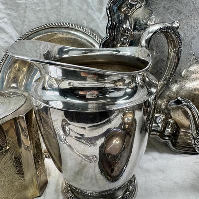 Sale Photo Thumbnail #185: Sheffield England knives, Tea pot, Canister, Wine bucket, Trays