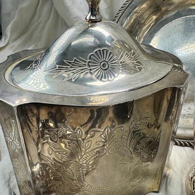 Sale Photo Thumbnail #184: Sheffield England knives, Tea pot, Canister, Wine bucket, Trays