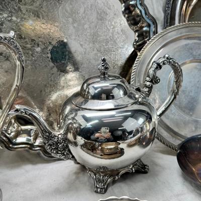 Sale Photo Thumbnail #186: Sheffield England knives, Tea pot, Canister, Wine bucket, Trays