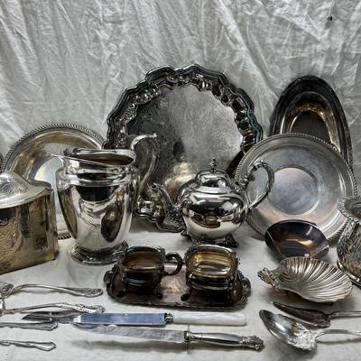 Sale Photo Thumbnail #191: Sheffield England knives, Tea pot, Canister, Wine bucket, Trays