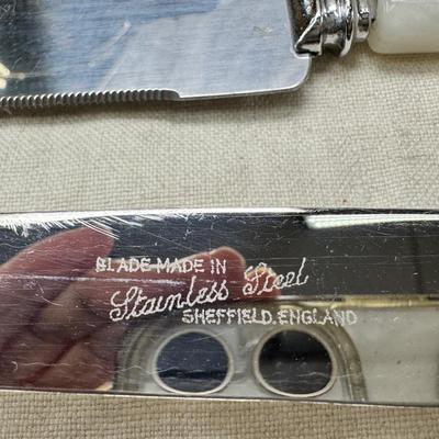 Sale Photo Thumbnail #182: Sheffield England knives, Tea pot, Canister, Wine bucket, Trays