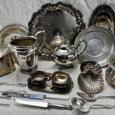 Sale Photo Thumbnail #181: Sheffield England knives, Tea pot, Canister, Wine bucket, Trays