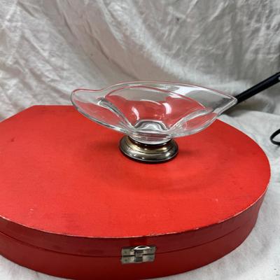 Sale Photo Thumbnail #216: Set of floral Hors d'oeuvre spoons, forks in original red case. Divided olive glass bowl with silver foot ( unmarked) 2 fine bone china tea pots one with matching plate.
