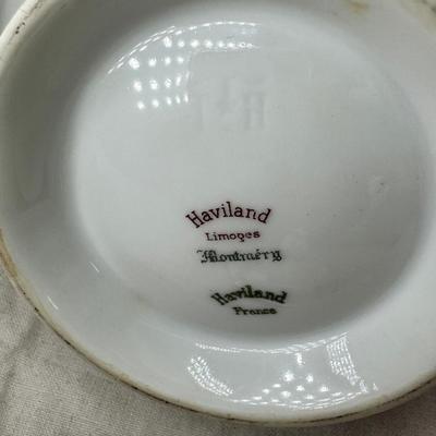 Sale Photo Thumbnail #209: Set of floral Hors d'oeuvre spoons, forks in original red case. Divided olive glass bowl with silver foot ( unmarked) 2 fine bone china tea pots one with matching plate.