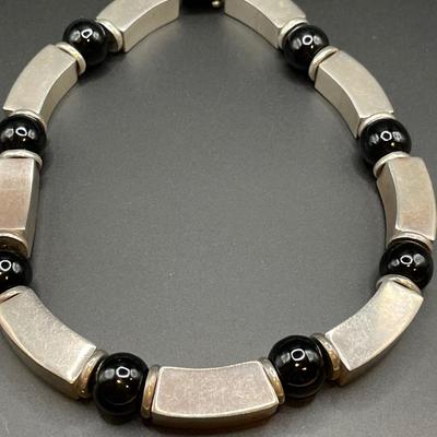 Mexico stamped sterling and black bead necklace