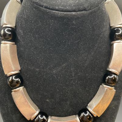 Mexico stamped sterling and black bead necklace