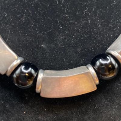 Mexico stamped sterling and black bead necklace