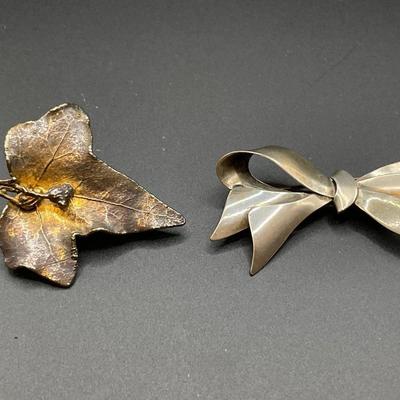 Flora Danica Sterling leaf pin & sterling bow pin