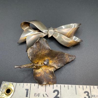 Flora Danica Sterling leaf pin & sterling bow pin
