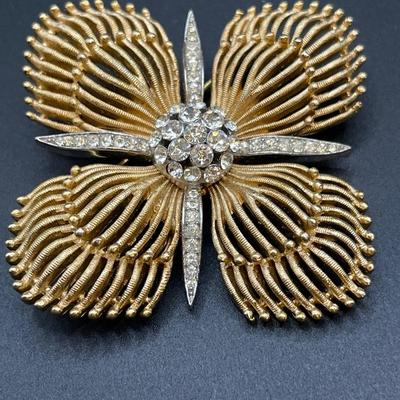 Beau Sterling rose pin, Trifari gold “Maltese” sparkling stone brooch & Monet pin