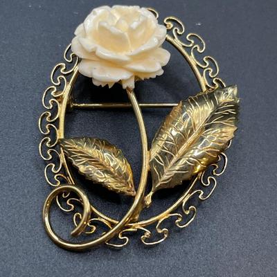 Beau Sterling rose pin, Trifari gold “Maltese” sparkling stone brooch & Monet pin