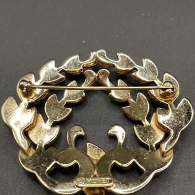 Beau Sterling rose pin, Trifari gold “Maltese” sparkling stone brooch & Monet pin