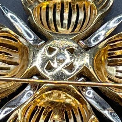 Beau Sterling rose pin, Trifari gold “Maltese” sparkling stone brooch & Monet pin
