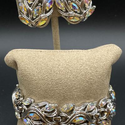 Vintage Trifari Aurora borealis bracelet and clip ons