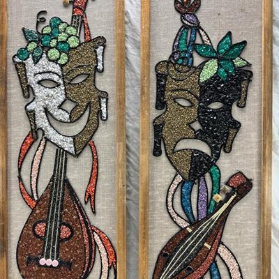 Sale Photo Thumbnail #5: Comedy Tragedy Drama Pebble Gravel wall Art on Wood Kitsch MCM Vintage 1960s Great set of colorful mid-century gravel art wall decor The set features Drama masks comedy & tragedy masks along with instruments & a wooden edge frame They measure just over 24