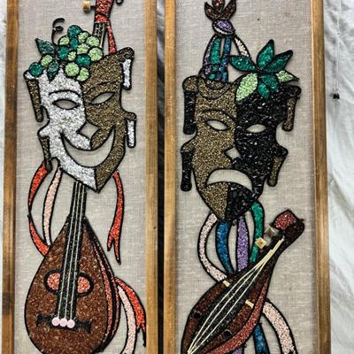 Sale Photo Thumbnail #8: Comedy Tragedy Drama Pebble Gravel wall Art on Wood Kitsch MCM Vintage 1960s Great set of colorful mid-century gravel art wall decor The set features Drama masks comedy & tragedy masks along with instruments & a wooden edge frame They measure just over 24