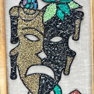 Sale Photo Thumbnail #3: Comedy Tragedy Drama Pebble Gravel wall Art on Wood Kitsch MCM Vintage 1960s Great set of colorful mid-century gravel art wall decor The set features Drama masks comedy & tragedy masks along with instruments & a wooden edge frame They measure just over 24