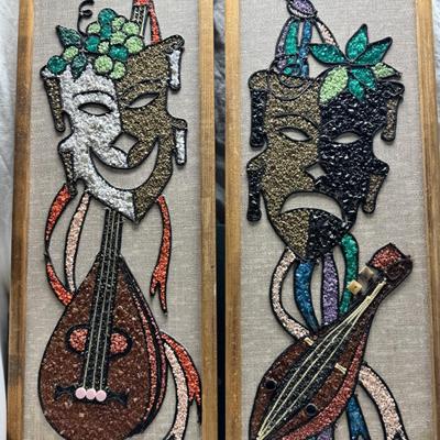 Sale Photo Thumbnail #2: Comedy Tragedy Drama Pebble Gravel wall Art on Wood Kitsch MCM Vintage 1960s Great set of colorful mid-century gravel art wall decor The set features Drama masks comedy & tragedy masks along with instruments & a wooden edge frame They measure just over 24