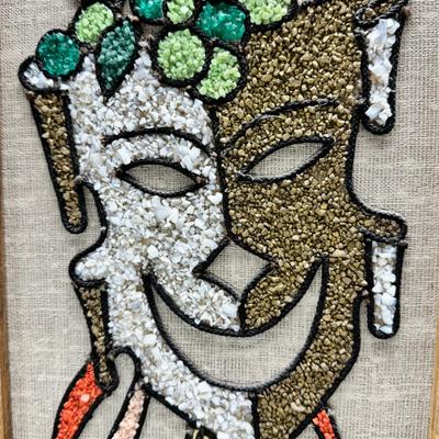 Sale Photo Thumbnail #4: Comedy Tragedy Drama Pebble Gravel wall Art on Wood Kitsch MCM Vintage 1960s Great set of colorful mid-century gravel art wall decor The set features Drama masks comedy & tragedy masks along with instruments & a wooden edge frame They measure just over 24