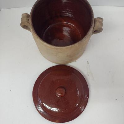 Vintage Pottery Kitchen Ware- Brown's Pottery Bean Pot with Lid and Pottery Pie Dish/Bowl with Glazed Interior