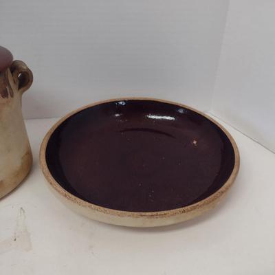 Vintage Pottery Kitchen Ware- Brown's Pottery Bean Pot with Lid and Pottery Pie Dish/Bowl with Glazed Interior