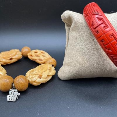 Red Cinnabar and Asian carved bracelet
