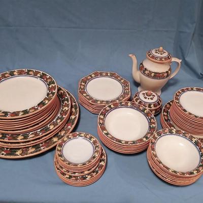 Sale Photo Thumbnail #51: Very good condition! (1) 15" Platter, (3) 12 1/2" Platters, (8) 10" Plates, (4) 9" Plates, (8) 8 1/2" Octagonal Plates, (10) 7" Plates, (6) 8" Bowls, (8) 6 1/2" Bowls, (4) 6" Bread Plates, (4) 5" demitasse saucers, (1) 6 3/4" Saucer, (1) 5" Sugar w/Lid, (