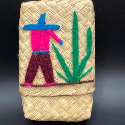 Mexican case with clip on earrings and carved stone necklace