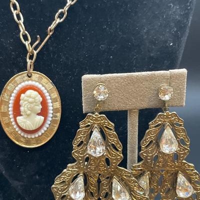 Vintage cameo and large clip on earrings