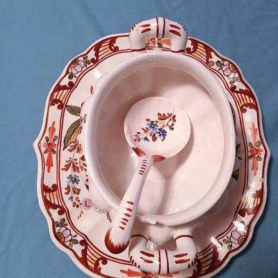 Sale Photo Thumbnail #57: Bassano, Italy. Has some chips and ladle is broken/repaired. Still impressive and finely hand painted. Platter 14" long x 13" wide, Tureen 11" long x 7" wide x 8 1/2" high.