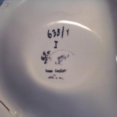 Sale Photo Thumbnail #61: Bassano, Italy. Has some chips and ladle is broken/repaired. Still impressive and finely hand painted. Platter 14" long x 13" wide, Tureen 11" long x 7" wide x 8 1/2" high.