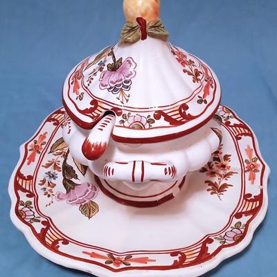 Sale Photo Thumbnail #53: Bassano, Italy. Has some chips and ladle is broken/repaired. Still impressive and finely hand painted. Platter 14" long x 13" wide, Tureen 11" long x 7" wide x 8 1/2" high.