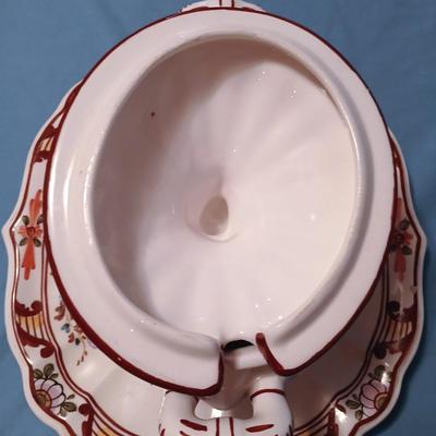 Sale Photo Thumbnail #59: Bassano, Italy. Has some chips and ladle is broken/repaired. Still impressive and finely hand painted. Platter 14" long x 13" wide, Tureen 11" long x 7" wide x 8 1/2" high.