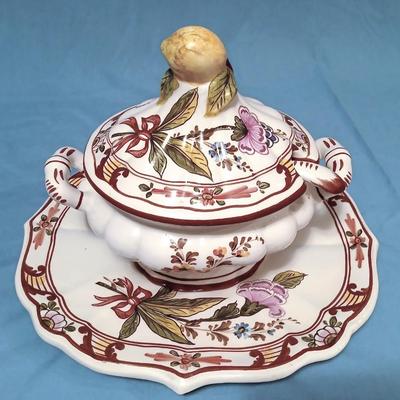 Sale Photo Thumbnail #52: Bassano, Italy. Has some chips and ladle is broken/repaired. Still impressive and finely hand painted. Platter 14" long x 13" wide, Tureen 11" long x 7" wide x 8 1/2" high.