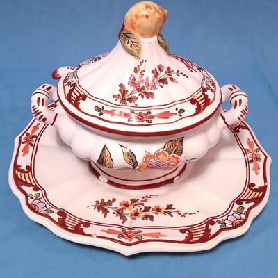 Sale Photo Thumbnail #54: Bassano, Italy. Has some chips and ladle is broken/repaired. Still impressive and finely hand painted. Platter 14" long x 13" wide, Tureen 11" long x 7" wide x 8 1/2" high.