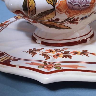 Sale Photo Thumbnail #55: Bassano, Italy. Has some chips and ladle is broken/repaired. Still impressive and finely hand painted. Platter 14" long x 13" wide, Tureen 11" long x 7" wide x 8 1/2" high.