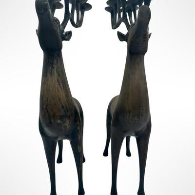 Pair of Large Cast Metal Reindeer Candleholders – 18” Tall