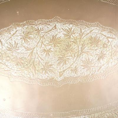 Mid-Century Moroccan Brass Coffee Table Engraved Tray Table, Boho Decor (46" x 29")

