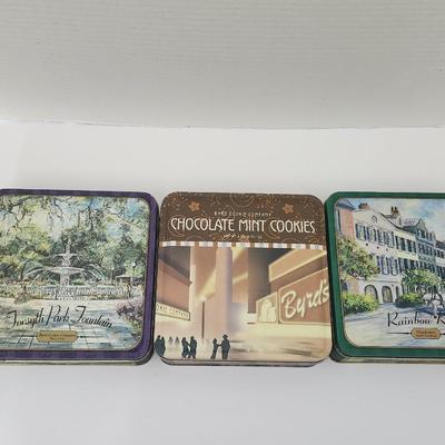 Lot of 3 Byrd Cookie Company Collectible Vintage Tins Chocolate Mint Cookies Forsyth Park Fountain Rainbow Row
