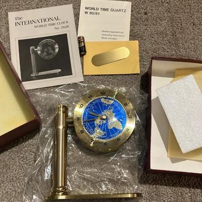 Benchmark Germany Brass World Time Quartz Clock No. 7628 w/ Papers & Engraving Plate