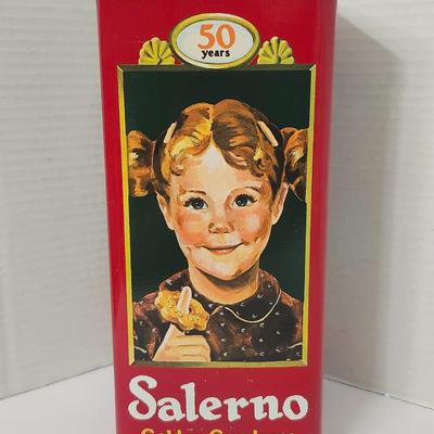 Salerno Golden Goodness Biscuit Tin Tall Red Metal Canister 50 Years Anniversary Child Artwork