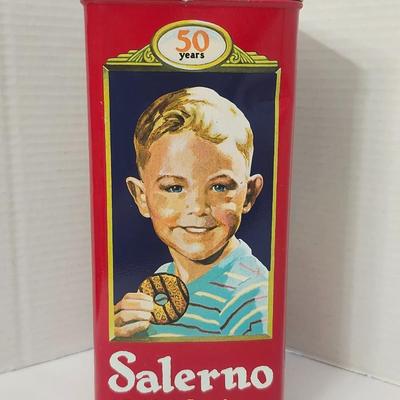 Salerno Golden Goodness Biscuit Tin Tall Red Metal Canister 50 Years Anniversary Child Artwork